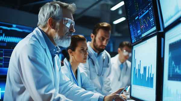 professionals in laboratory coats review data on multiple monitors