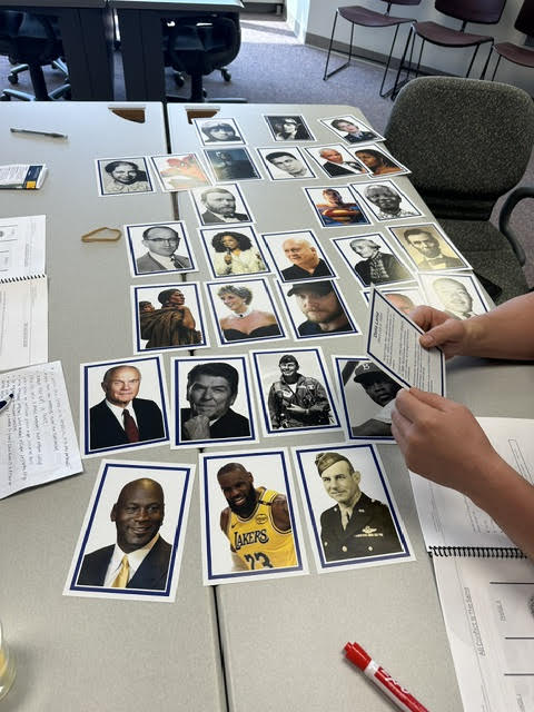 cards with famous peoples faces on a table - the back of the card a scenario (being held by an unseen person).