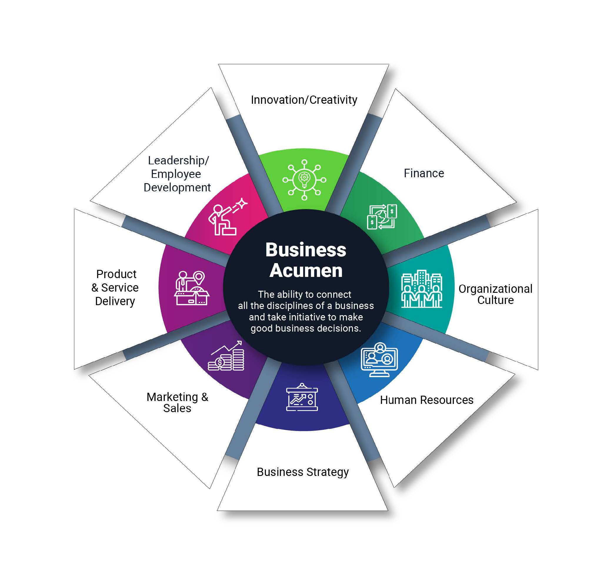 Infographic displaying Business acumen elements: Innovation/Creativity, Finance, organizational Culture, Employee Training, Human Resources, Business Strategy, Marketing and Sales, Product and Service Delivery, Leadership Development